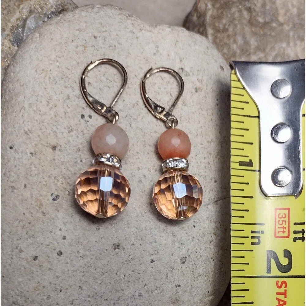 Vintage Peach Quartz Crystal Gold tone Dangle Earrings